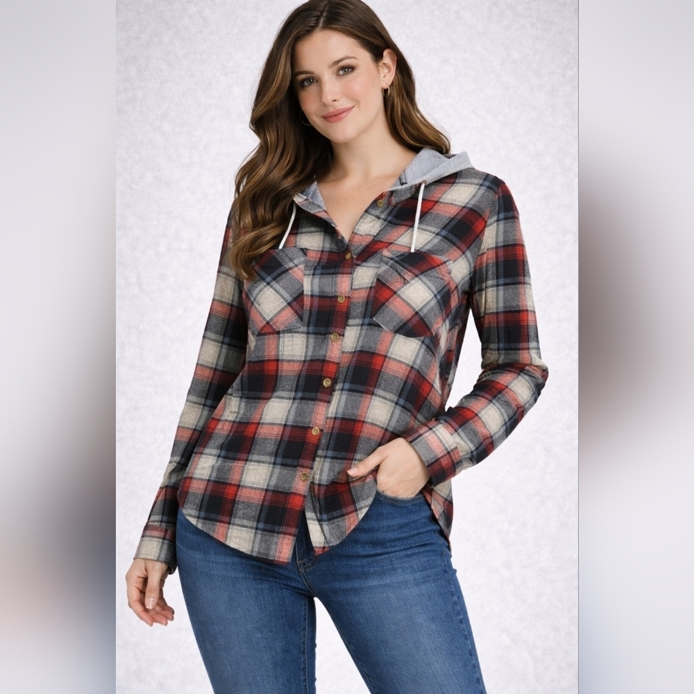 RoomMates Plaid Hooded Flannel Shirt Small Red Gray Button Front